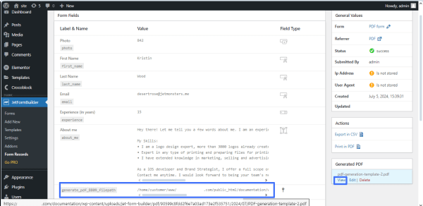 the generated pdf-file links on the form detail record